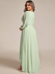 Plus Elegant Chiffon Deep V-Neck Bridesmaid Wedding Guest Dresses With Lantern Sleeves - Mint Green - View 2