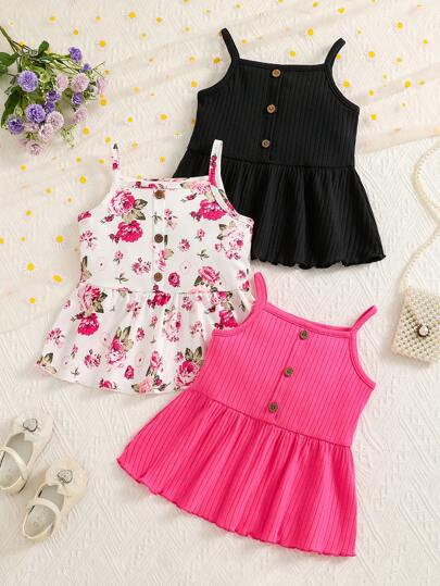 SHEIN Juego de 3 Tops de tirantes decorados con hebilla y ribete de volantes con dobladillo para niña joven y lindo
