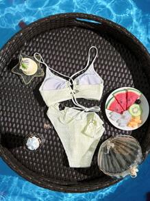 女式純色露背交叉帶性感比基尼套裝，夏季海灘服裝 - 米色 - 查看 4