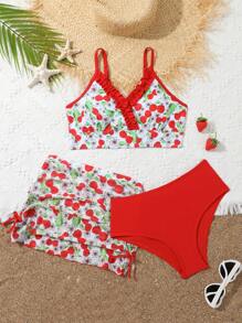 Tween Girl Cherry Ditsy Floral Beach Vacation Swimwear Set - Multicolor - View 3