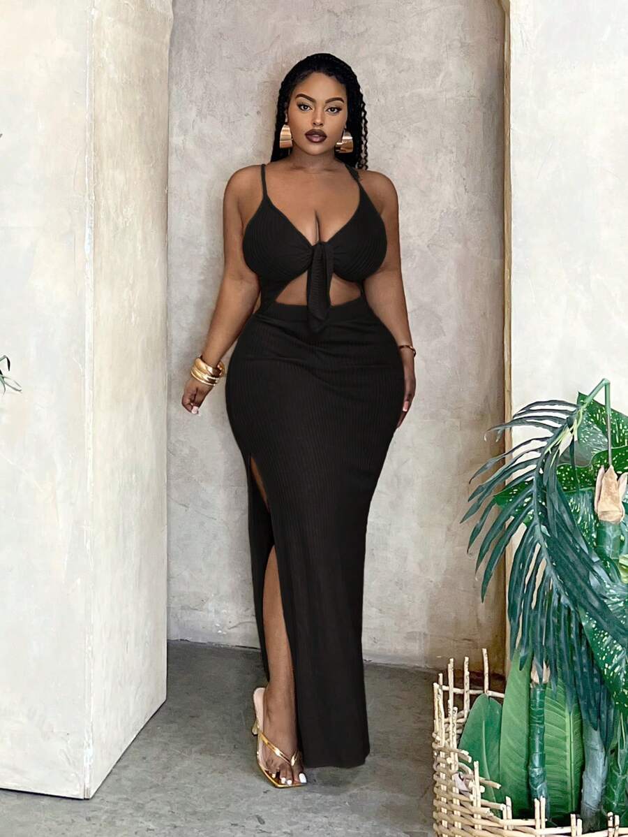 Veslaya Vestido de mujer de talla grande tipo camisola de unicolor, elegante y sexy, con abertura lateral y nudo ajustado