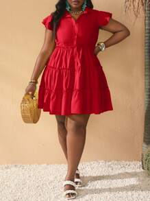 Slaydiva Plus Size Yellow Shirt-Style Summer Dress - Red - View 4