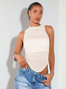 SHEIN BAE Mùa hè phù hợp với lưới xếp li Xe tăng mùa hè - Màu be - Xem 4