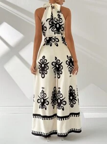 Firerie Mono de pierna ancha con estilo vacacional para mujer con impresión en toda la pieza, cuello halter y bolsillos inclinados para el verano