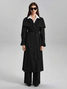 Ontre Ladies' Solid Color Trench Coat With Lapel Collar And Belt - Black - View 4