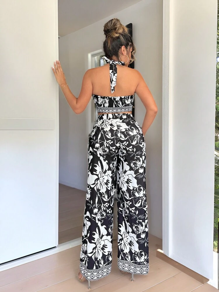Women's Vacation Geometric Floral Printed Short Neck Halter Top And Casual Pants Set Holiday Sexy Summer Beach Vacation Boho Women Outfit Pride Clothes Western Wear Birthday Outfit Bachelorette Party Concert Club