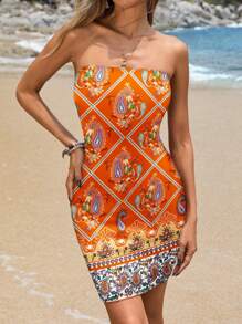 SHEIN VCAY 女士全印花夏季海灘管裙