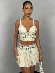 SHEIN BAE Vintage Blue Pleated Denim Mini Skirt&Summer&Festival&Summer&Country Concert&Rave Festival - Blue - View 6