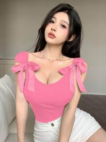 DAZY 女士蝴蝶结露背紧身短袖 T 恤夏季 - 玫紅色 - 查看 4