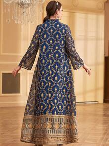 Siskakia Eid Muslim Dress Sequin V-Neck Gold Floral Print Mesh Loose For Women Party Modest Clothing Moroccan Islamic - Navy Blue - View 2
