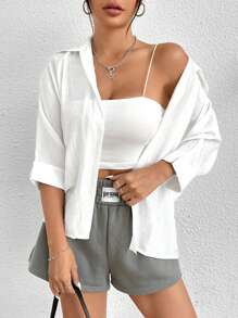 SHEIN PETITE Spring White Solid Batwing Sleeve White Shirt,Three Quarter Sleeve Tops