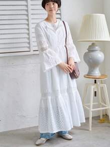 FRIFUL 女士纯色圆领喇叭袖休闲中长连衣裙、荷叶边、秋季连衣裙长袖连衣裙 - 白色 - 查看 3