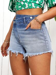 Breezaya شورت جينز نسائي بخصر عالي وتصميم أومبري مع تصميم جذاب من الخيوط المنسدلة