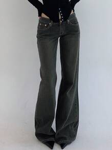 DAZY 女士时尚喇叭牛仔裤，带口袋，休闲纽扣、口袋、拉链低腰直筒长款深色水洗棉质宽松修身牛仔裤，适合春秋季日常休闲穿着，低腰牛仔裤 - 深色水洗藍 - 查看 5