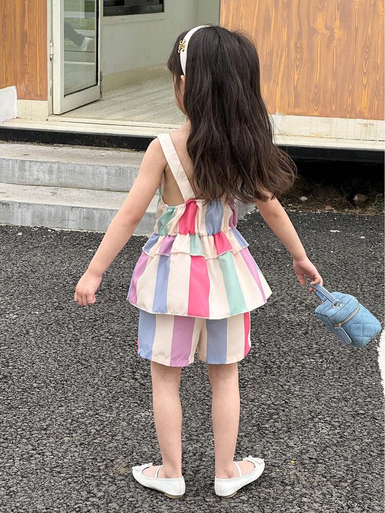 Young Girl Colorful Dopamine Summer-To-Fall Back-To-School Two-Piece Set Rainbow Striped Multi-Layered Camisole Top & Pants Casual Style Outfits New In Spring And Summer