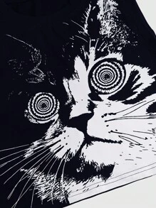 ROMWE Hippie Plus Size Thời trang mùa hè Mèo in hình Slim Fit Crop Top - màu đen - Xem 3