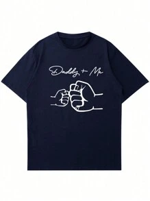 Camiseta de manga corta casual de cuello redondo para hombre con estampado de gesto de mano y letras de verano - Azul Marino - Ver 5