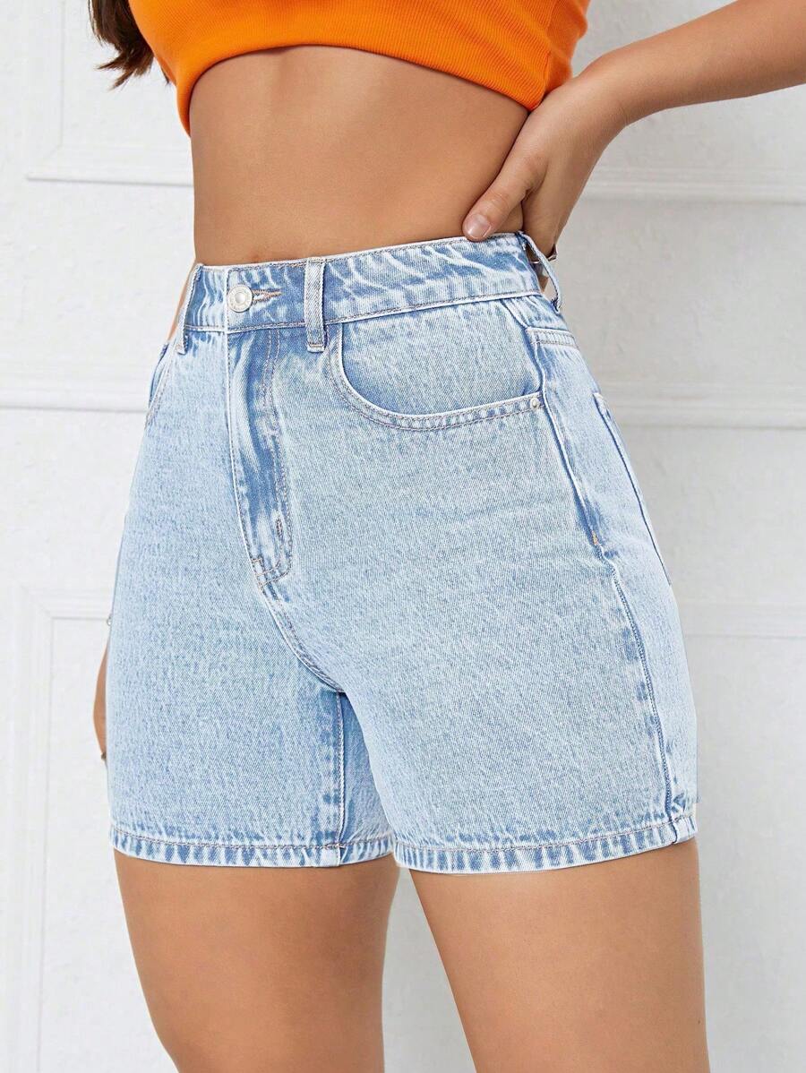 SHEIN Privé Women's Slim Fit Casual Denim Shorts With Pockets - Blue and White - View 1