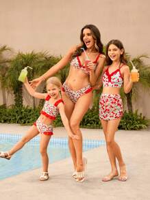 Tween Girl Cherry Ditsy Floral Beach Vacation Swimwear Set - Multicolor - View 4