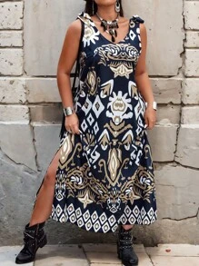Breezaya Plus Size Vacation Fashion Random Printed Sleeveless Dress With Side Slits