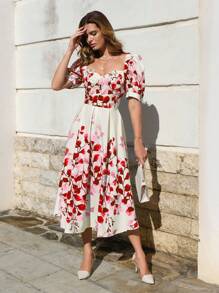GENKIRA Floral Print Puff Sleeve Dress - Red - View 4