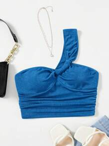 SHEIN EZwear One Shoulder Women's Solid Color Simple Daily Top - Blue - View 1