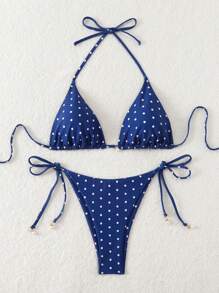 Conjunto de bikini sexy para mujer con estampado de lunares para playa de verano, con cuello halter y estampado aleatorio