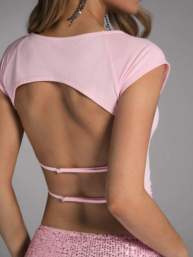 Women's Summer Solid Color Back Hollow Out Round Neck Short Cap Sleeve Slim Fit T-Shirt