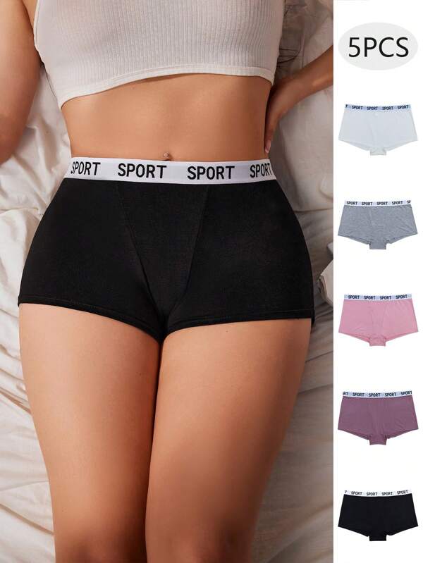 5pcs Comfortable Plus Size Letter Jacquard Underwear Set Sports