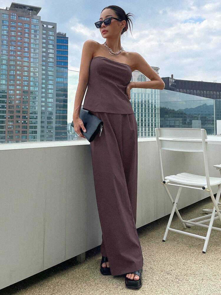 Ladies' Solid Color Simple Daily Strapless Top And Long Pants Set