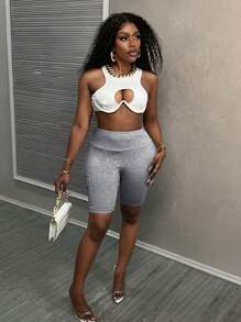 Slaydiva Summer Casual Street Workwear, Three-Dimensional Pockets, Wide Waist, Slim Fit Trousers, Cycling Pants, Light Gray Knitted Women's Shorts