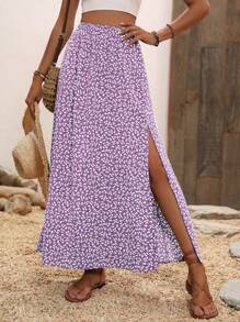 Breezaya Falda casual de vacaciones estampada floral con abertura en el muslo para el verano