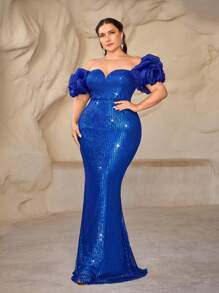SHEIN Belle Plus Size Blue Sequin Spliced Organza Puff Sleeve Queen Anne Neckline Elegant Formal Evening Dress Prom Wedding Guest Gown, For Graduation, Dinner Party Dress - Blue - View 2