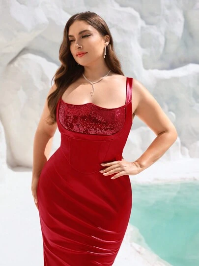 SHEIN Belle Đầm dự tiệc dây rộng thắt eo đính sequin đỏ cỡ lớn