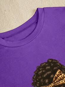 SHEIN Foxxy Women's Slim Fit Casual Figure Print Round Neck Short Sleeve T-Shirt Graphic Print - Purple - View 5