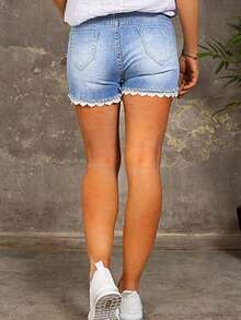 Casual Summer Lace Trim Distressed Denim Shorts - Blue - View 5