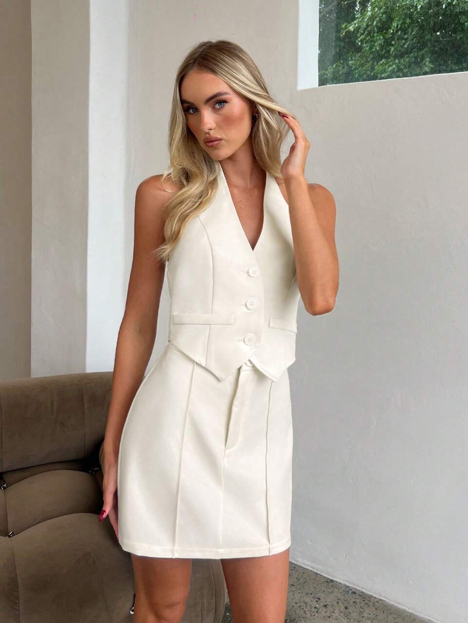 Women's Summer Elegant Commuting Daily Casual Simple Basics Versatile Fashion Solid Color Vest Shirt + Skirt Set White Two-Piece Set