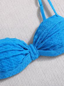 SHEIN Teen Girls Crochet Jacquard Bow Tie Top And Triangle Tankini Swimwear Set - Blue - View 3