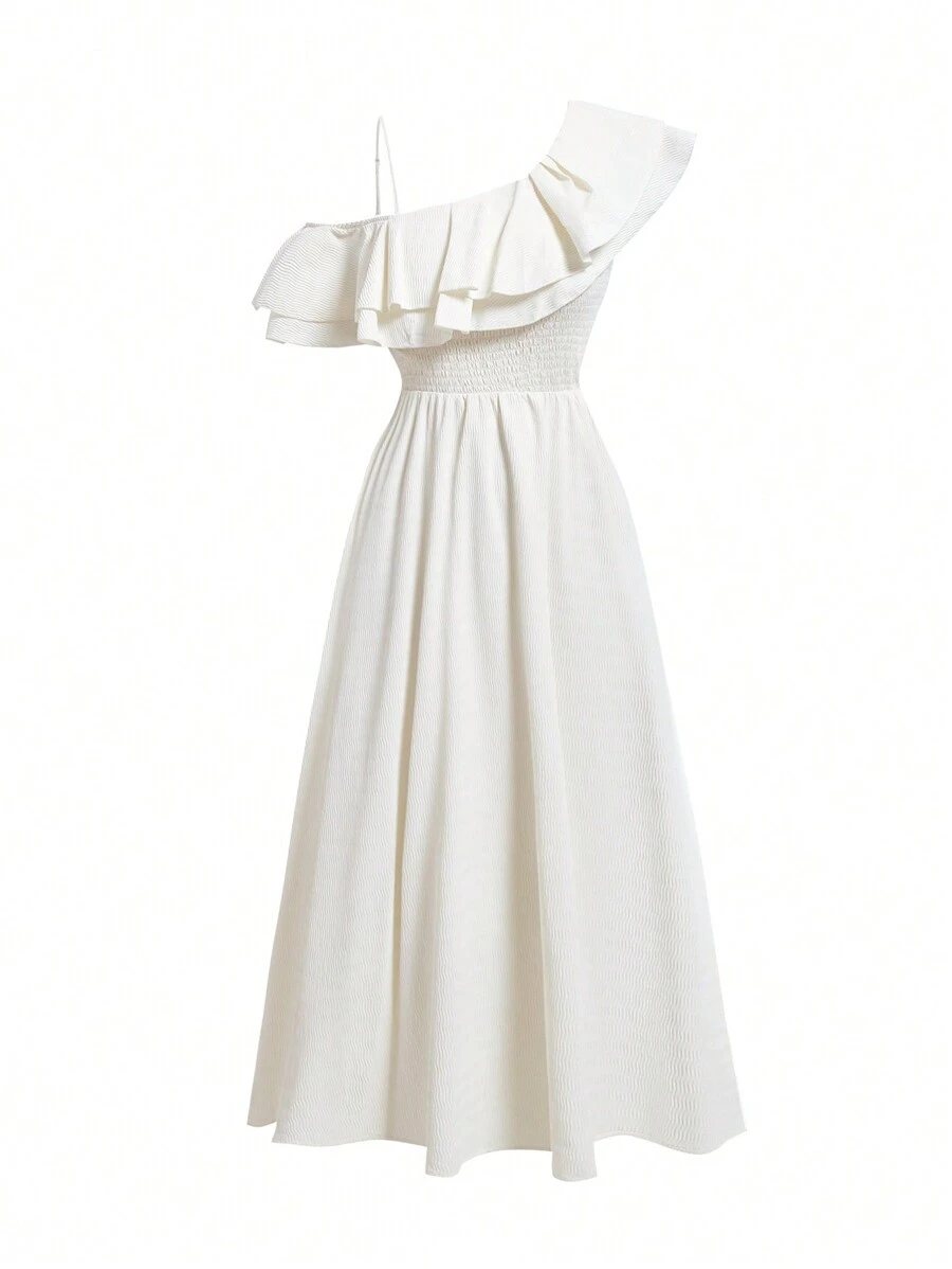 Seusyu Women's Solid Color Asymmetrical Neckline Draped Ruffle Hem Summer Dress