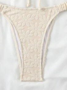 SHEIN Swim Bộ bikini xẻ cao có nút hoa phía trước dành cho nữ, hoàn hảo cho kỳ nghỉ ở bãi biển mùa hè - Màu be - Xem 8