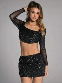 Forever 21 Women's Fashionable Sequined Long Sleeve Top And Skirt Set