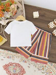 SHEIN Summer Baby Girl's Cute Vacation Knit Striped Short Sleeve T-Shirt With Bowknot, Elastic Waist Loose Pants Set