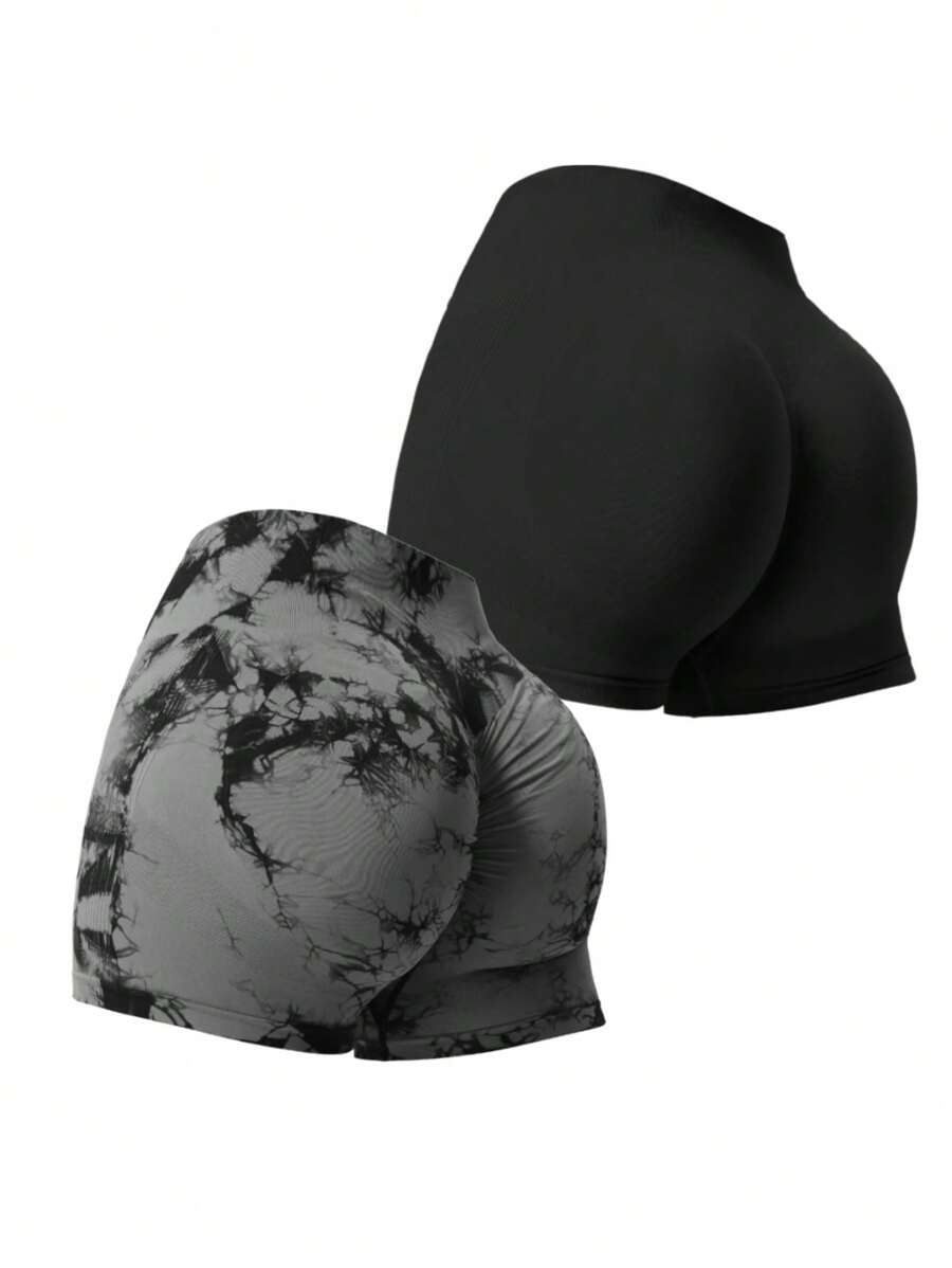 SHEIN Sports 2pcs Seamless High Elasticity Simple Fitness ShortsWomen Sweat Short, Gym Short, Biker Short - Multicolor - View 1