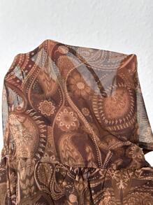 SHEIN VCAY 大码波西米亚风荷叶边佩斯利印花系带喇叭袖上衣，波西米亚风