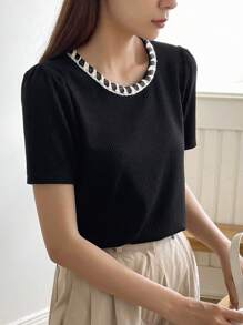 DAZY Color Block Round Neck Short Sleeve Women's T-Shirt With Faux Pocket Decoration