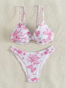 SHEIN Swim 女士夏季海灘印花露背性感比基尼套裝，花朵印花，隨機 - 粉色 - 查看 5