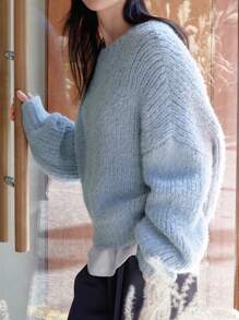 DAZY 纯色落肩超大毛衣，秋装 - 藍色 - 查看 5