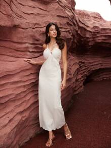 GENKIRA Vacation-Style Net Color Spaghetti Strap Beaded Rope Dress - Apricot - View 5