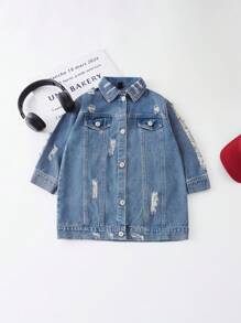 Young Girl Spring New Washed Long Fitting Distressed Denim Jacket, Hip-Length - Light Wash - View 1