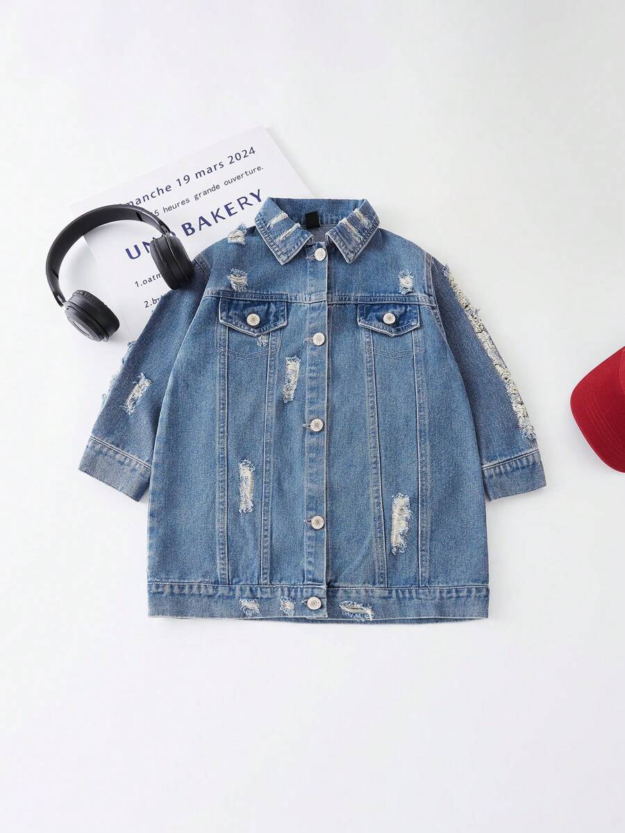 Young Girl Spring New Washed Long Fitting Distressed Denim Jacket, Hip-Length - Light Wash - View 1